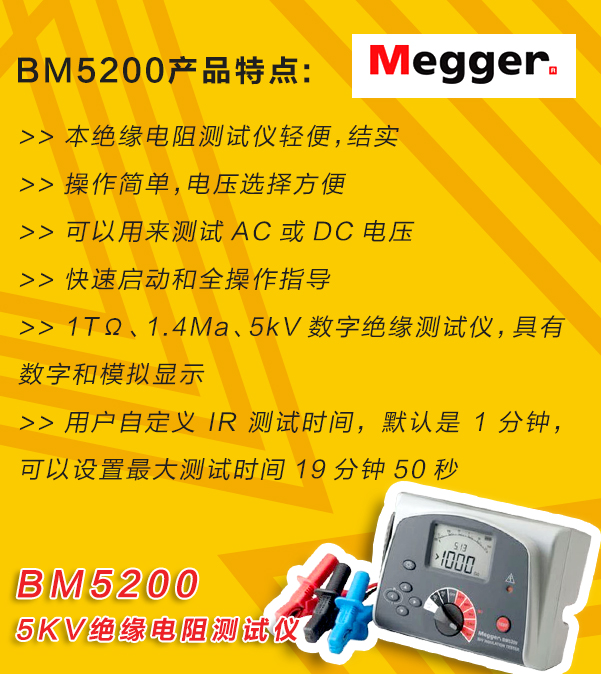 MEGGER,<a href='http://www.doggyphat.com/tongyi.html'>絕緣電阻</a>測試儀,BM5200